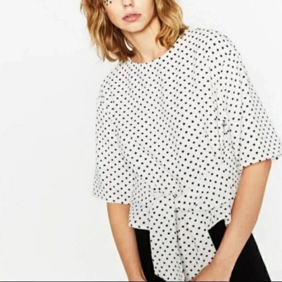 NWT Zara XS Wrap Tie Polka Dot Blk White Blouse Coquette Bow Modest Feminine Top - Picture 15 of 15